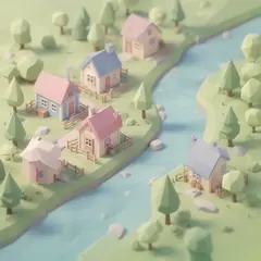 FLUX.2 [dev] — An isometric low-poly village with tiny houses, tr