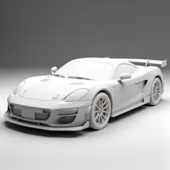 FLUX.2 [dev] — A clay render of a sports car, white material, stu