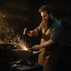 FLUX.2 [dev] — A bearded blacksmith in a dark workshop, sparks fl