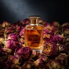 FLUX.2 [dev] — A bottle of amber perfume on a bed of dried roses,