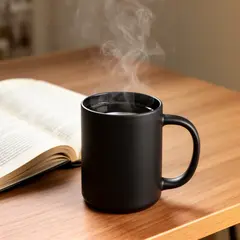 FLUX.2 [dev] — A matte black coffee mug with steam rising, placed