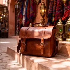 FLUX.2 [dev] — A leather messenger bag on a sun-dappled step in a