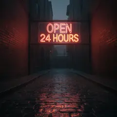FLUX.2 [dev] — A glowing neon sign reading OPEN 24 HOURS in a dar