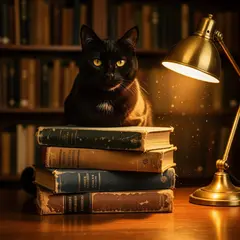 FLUX.2 [flex] — A black cat sitting on a stack of old books in a c