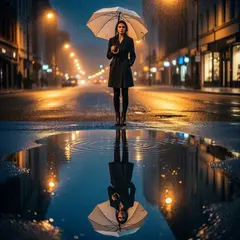 FLUX.2 [flex] — A woman holding an umbrella in the rain, reflected