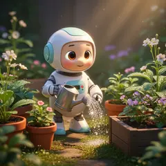 FLUX.2 [flex] — A 3D render of a cute robot watering plants in a m