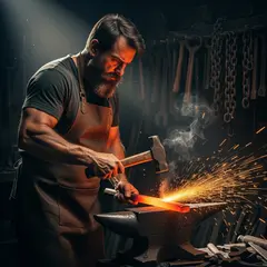 FLUX.2 [flex] — A bearded blacksmith in a dark workshop, sparks fl