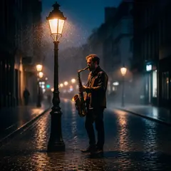 FLUX.2 [flex] — A street musician playing saxophone under a lamppo