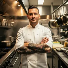 FLUX.2 [flex] — A tattooed chef in a white coat, arms crossed, con