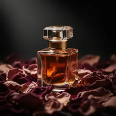 FLUX.2 [flex] — A bottle of amber perfume on a bed of dried roses,