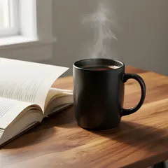 FLUX.2 [flex] — A matte black coffee mug with steam rising, placed