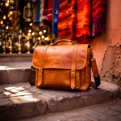 FLUX.2 [flex] — A leather messenger bag on a sun-dappled step in a