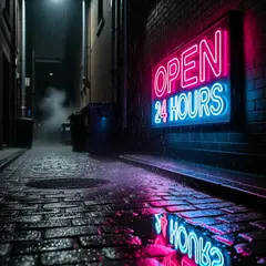 FLUX.2 [flex] — A glowing neon sign reading OPEN 24 HOURS in a dar