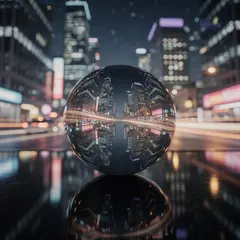 FLUX.2 [max] — A glass sphere refracting a distorted cityscape, s