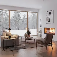FLUX.2 [max] — A cozy Scandinavian living room with a fireplace, 