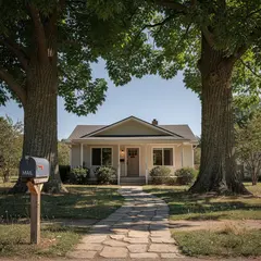 FLUX.2 [max] — A small house between two tall trees, with a path 