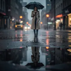 FLUX.2 [max] — A woman holding an umbrella in the rain, reflected