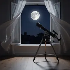 FLUX.2 [max] — A telescope pointing at the moon through an open w