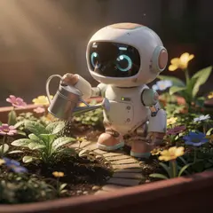 FLUX.2 [max] — A 3D render of a cute robot watering plants in a m