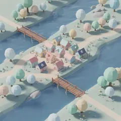 FLUX.2 [max] — An isometric low-poly village with tiny houses, tr
