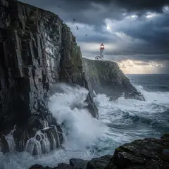 FLUX.2 [max] — A coastal cliff with crashing waves below, lightho