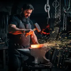 FLUX.2 [max] — A bearded blacksmith in a dark workshop, sparks fl