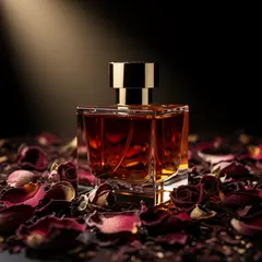 FLUX.2 [max] — A bottle of amber perfume on a bed of dried roses,