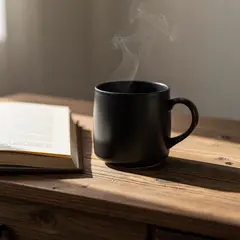 FLUX.2 [max] — A matte black coffee mug with steam rising, placed