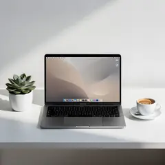 FLUX.2 [max] — A sleek laptop on a clean white desk with a potted