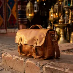 FLUX.2 [max] — A leather messenger bag on a sun-dappled step in a