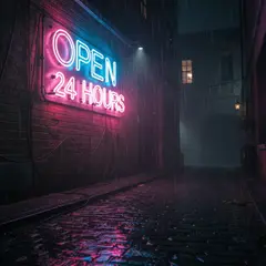 FLUX.2 [max] — A glowing neon sign reading OPEN 24 HOURS in a dar