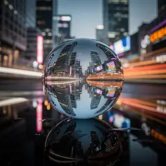 FLUX.2 [pro] — A glass sphere refracting a distorted cityscape, s