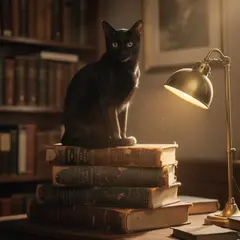 FLUX.2 [pro] — A black cat sitting on a stack of old books in a c