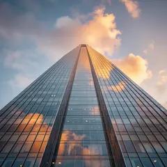 FLUX.2 [pro] — A modern glass skyscraper reflecting clouds at sun