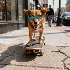 FLUX.2 [pro] — A dog wearing sunglasses riding a skateboard down 