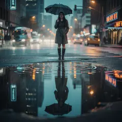 FLUX.2 [pro] — A woman holding an umbrella in the rain, reflected