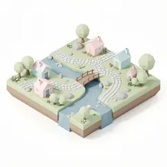 FLUX.2 [pro] — An isometric low-poly village with tiny houses, tr