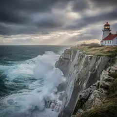 FLUX.2 [pro] — A coastal cliff with crashing waves below, lightho