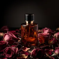 FLUX.2 [pro] — A bottle of amber perfume on a bed of dried roses,