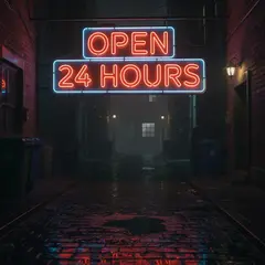 FLUX.2 [pro] — A glowing neon sign reading OPEN 24 HOURS in a dar