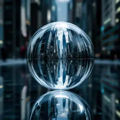 FLUX Pro 1.1 — A glass sphere refracting a distorted cityscape, s