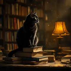 FLUX Pro 1.1 — A black cat sitting on a stack of old books in a c