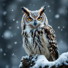 FLUX Pro 1.1 — An owl perched on a snow-covered branch, intense a