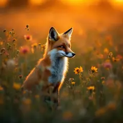 FLUX Pro 1.1 — A fox in a field of wildflowers, backlit by sunset