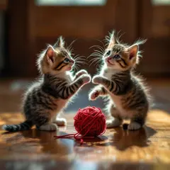 FLUX Pro 1.1 — Two kittens playing with a ball of red yarn on a h