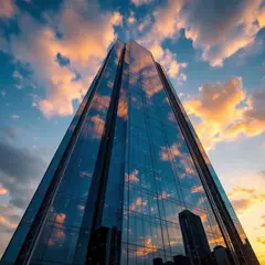 FLUX Pro 1.1 — A modern glass skyscraper reflecting clouds at sun