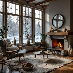 FLUX Pro 1.1 — A cozy Scandinavian living room with a fireplace, 