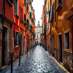 FLUX Pro 1.1 — A narrow cobblestone alley in Venice with colorful