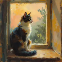 FLUX Pro 1.1 — A cat sitting on a windowsill, impressionist oil p