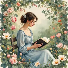 FLUX Pro 1.1 — A woman reading a book in a garden, watercolor pai